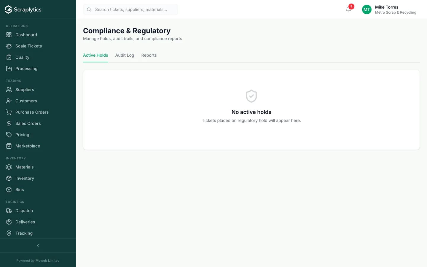 Scrap yard compliance software dashboard - Scraplytics showing KYB status, hold periods, sanctions screening results and audit trail.