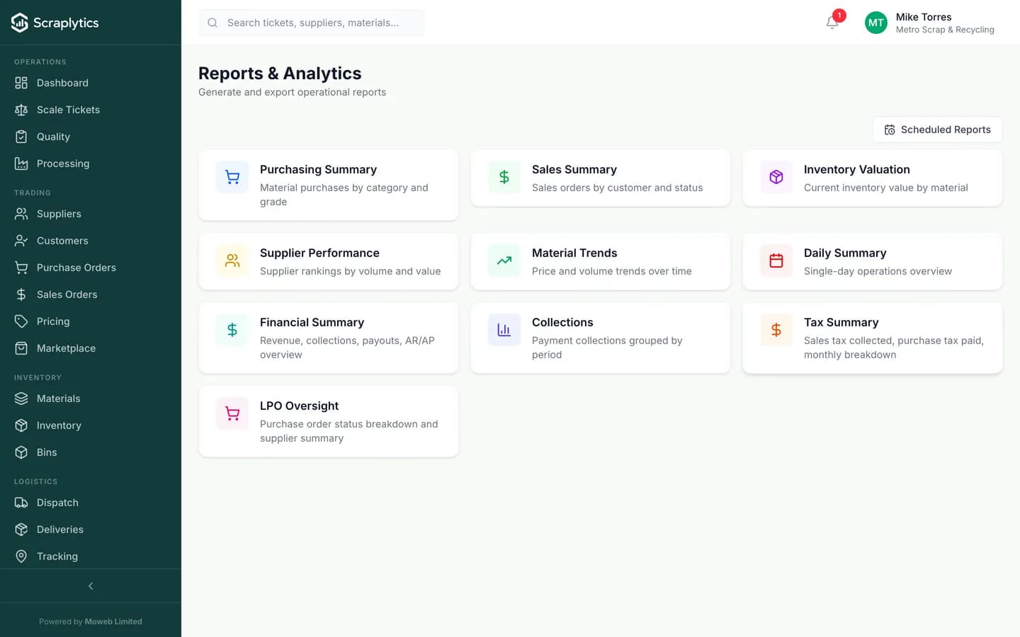 Scrap yard reports software dashboard - Scraplytics showing the report library with ten built-in operational reports plus a custom report builder.