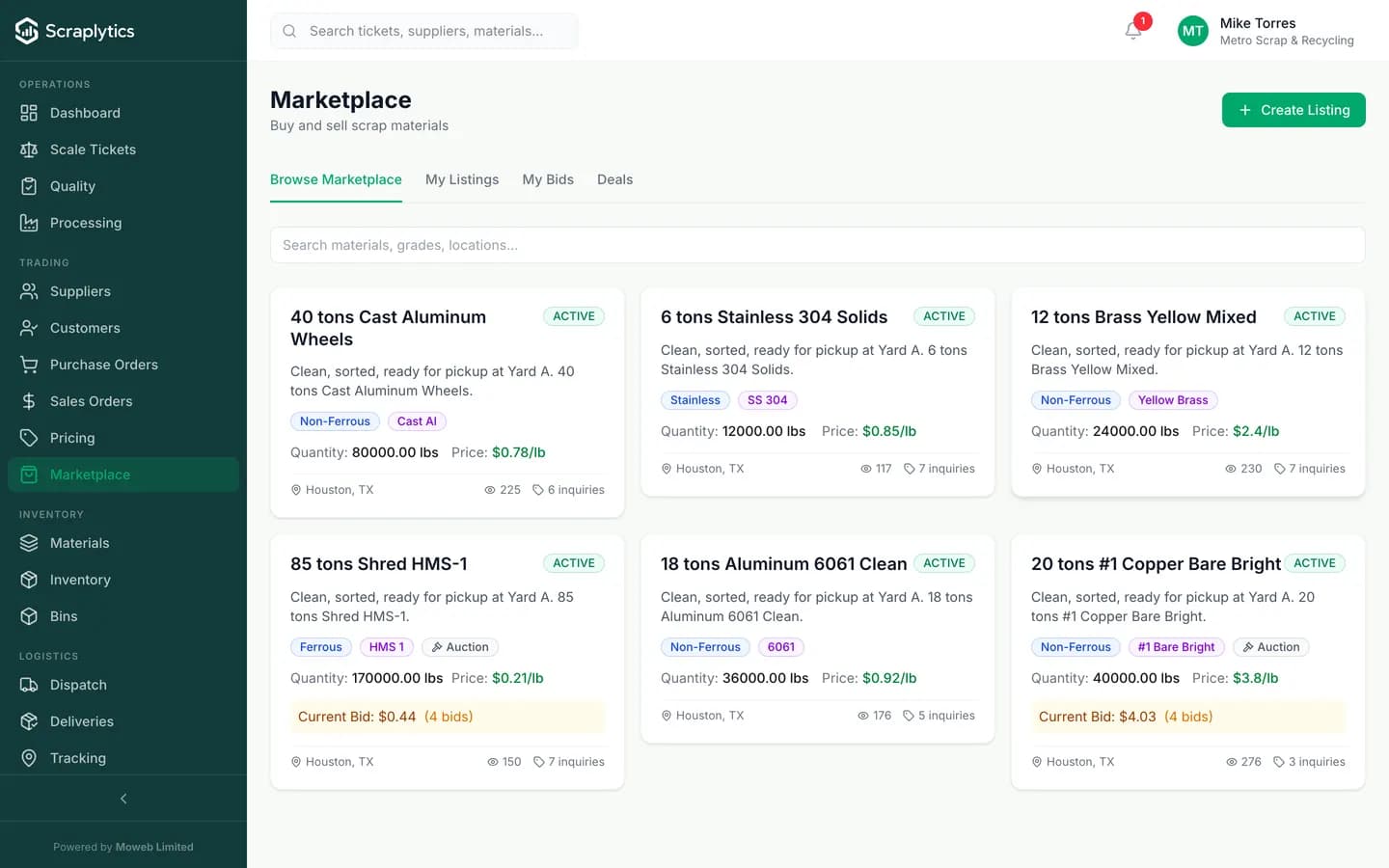 Scrap marketplace software browse view - Scraplytics showing six active listings, two live auctions with current bids, four fixed-price lots across copper, aluminium, steel, brass and stainless.