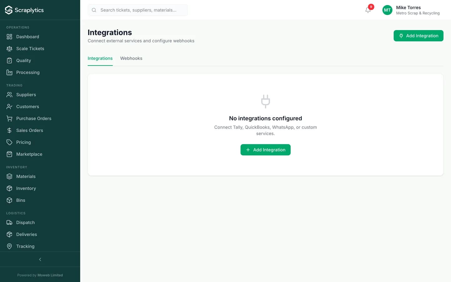 Scrap yard API and webhooks console - Scraplytics showing API keys, webhook subscriptions and delivery log.