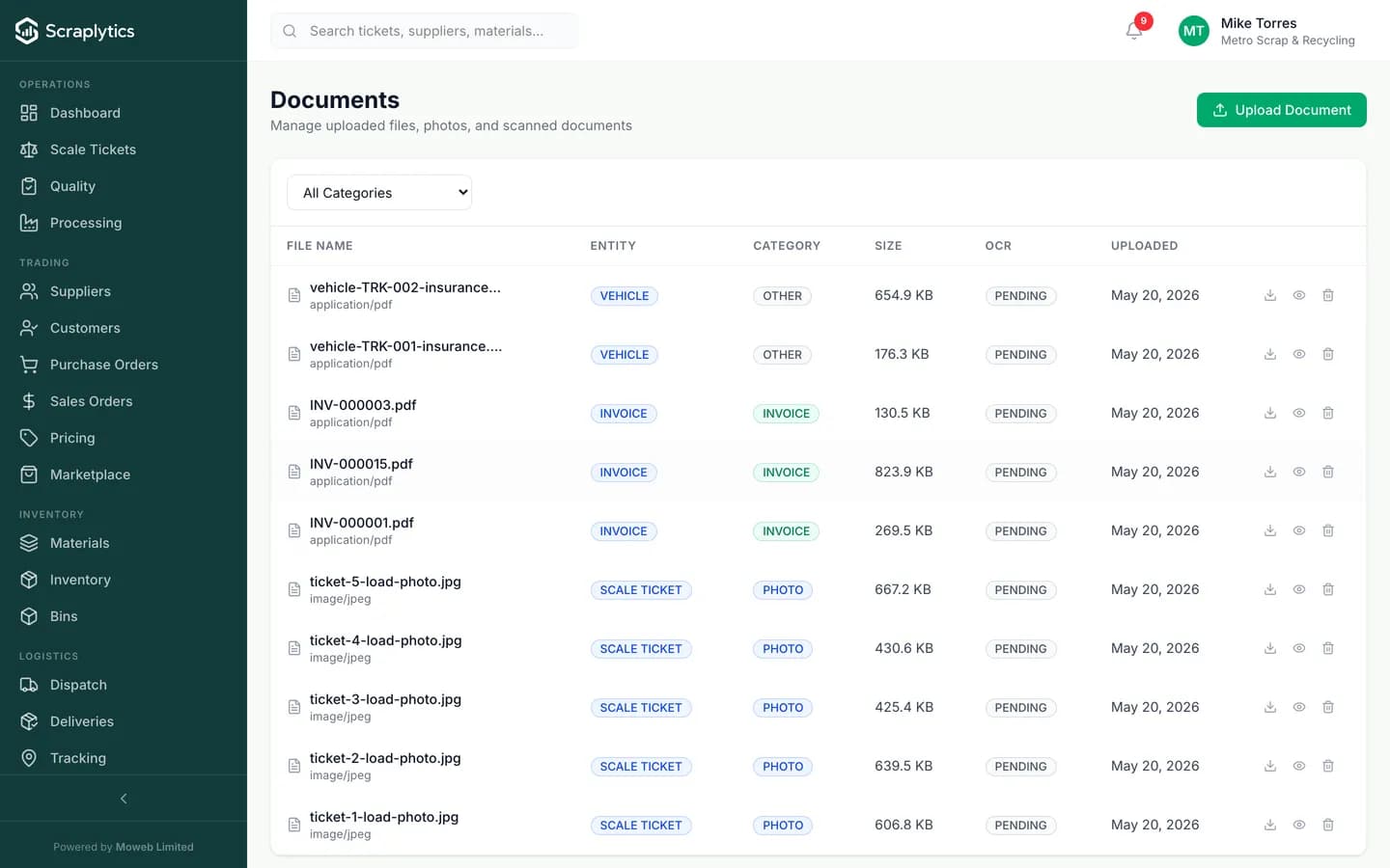 Scrap yard document management software dashboard - Scraplytics showing categorized document storage with versioning and OCR search.