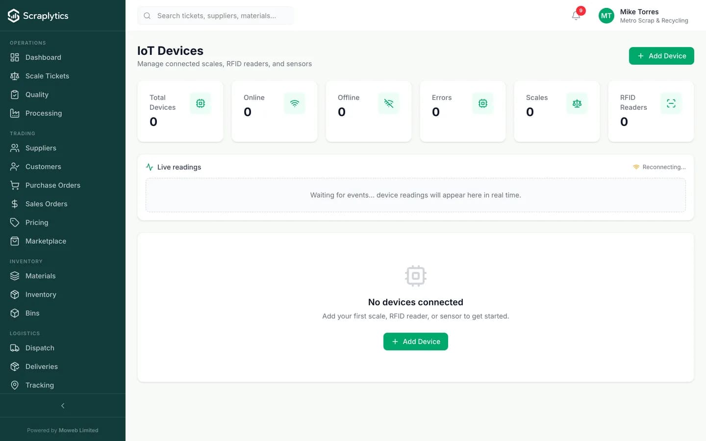 IoT weighbridge integration software dashboard - Scraplytics showing connected weighbridges, GPS trackers, balers and environmental sensors with live telemetry.